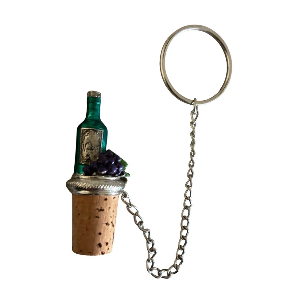 Vintage Wine Bottle Stopper With Chain Cork Metal Green Bottle Purple Grapes